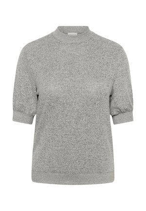 Haut à manches courtes, gris, en tissu tricoté texturé avec un col montant et des manches bouffantes. Doté d'un ourlet et de poignets côtelés pour plus de structure.