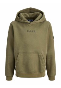 Felpa in cotone verde oliva con tasca anteriore, cappuccio regolabile, polsini a costine e logo "JACK & JONES" stampato sul petto.