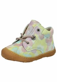 Stivale alla caviglia in suede multicolore con motivo floreale, lacci beige e suola in gomma. Presenta dettagli cuciti e occhielli in metallo.
