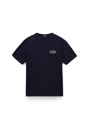 Navy blue cotton t-shirt with short sleeves, round neckline, and a small white logo on the left chest. Smooth texture and classic fit.