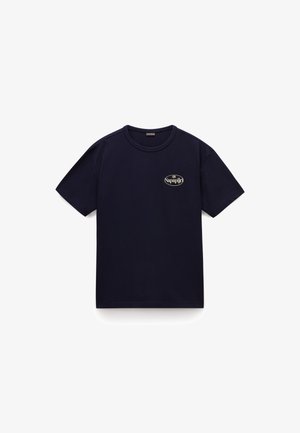 Navy blue cotton t-shirt with short sleeves, round neckline, and a small white logo on the left chest. Smooth texture and classic fit.