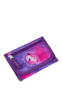 Portafoglio viola e rosa con design di unicorno e dettagli floreali, realizzato in tessuto con una superficie liscia e chiusura con zip.