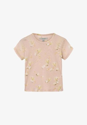 Hellrosa Kurzarm-T-Shirt mit kleinem weißem und gelbem Blumenmuster, rundem Ausschnitt und sichtbarem AllSaints-Markenlabel im Innenkragen.