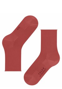Rote, knielange Socken aus glattem, dehnbarem Material. Mit verstärkter Zehen- und Fersenpartie. Text auf der Sohle: "FALKE ACTIVE BREEZE".