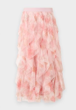 Růžová midi sukně z vrstveného tylu s květinovým vzorem a elastickým pasem, s jemnými volánovými texturami.