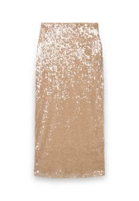 Beigefarbener Bleistiftrock mit Pailletten und glatter Textur, der schimmernde Pailletten-Details aufweist, die sich allmählich über die Stoffoberfläche verteilen.