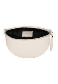 Okrągła, biała skórzana saszetka o teksturowanym wykończeniu, z zamknięciem na zamek błyskawiczny i czarnym wnętrzem. Zawiera małą skórzaną metkę wewnątrz.