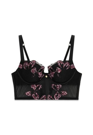 Soutien-gorge long en dentelle noire avec broderie florale violette et motif léopard, bretelles réglables et petit pendentif doré au centre devant.