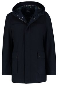 Marinblå huva med dragkedja och knappstängning, två framfickor och ett grönrutigt foder. Slätt tyg med skräddarsydd passform.