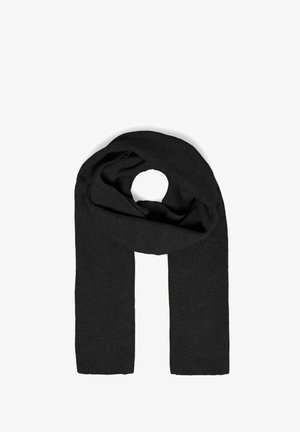 Sort strikket tørklæde med et struktureret mønster, færdige kanter og et blødt, hyggeligt udseende. Designet til varme og komfort.