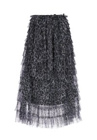 Lang nederdel med sort og grå leopardprint, lagdelt rynket tylstof og elastisk talje.