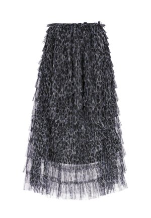Lang nederdel med sort og grå leopardprint, lagdelt rynket tylstof og elastisk talje.