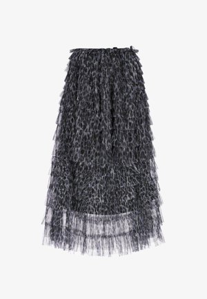 Schwarzer und grauer Leopardenmuster-langer Rock aus geschichtetem Rüschentüllstoff mit elastischem Bund.