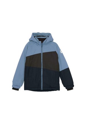 Giacca invernale con cappuccio e zip completa, parte superiore blu chiaro, blocchi di colore neri e blu scuro, e polsini elasticizzati con scaldamani interni.
