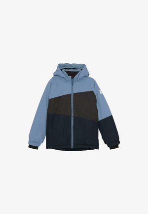 Hooded winter jacket with full zipper, light blue upper, black and dark blue color blocks, and elastic cuffs with inner wrist warmers.