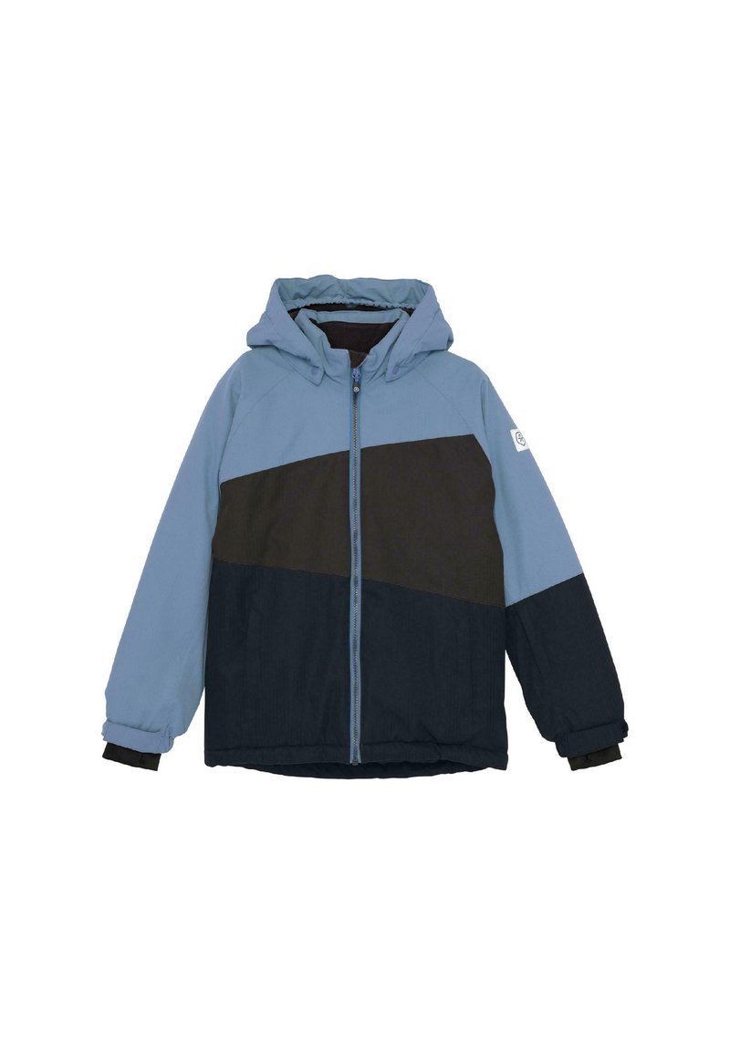 Hooded ziemas jaka ar pilnu rāvējslēdzēju, gaiši zila augšdaļa, melnas un tumši zilas krāsas bloki, kā arī elastīgi aproces ar iekšējiem roku sildītājiem.