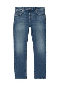 Blue denim jeans with slight fading on thighs, classic five-pocket design, button and zipper closure, straight leg cut.