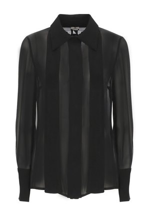 Camicia nera trasparente a maniche lunghe con colletto appuntito e righe opache verticali sulla parte anteriore e sulle maniche.