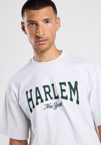 T-shirt en coton gris avec broderie verte "HARLEM" et "New York", à coupe décontractée et à manches courtes. Texture lisse et col rond.