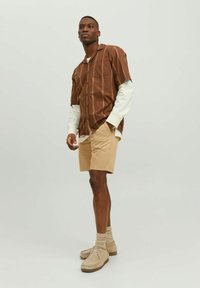 Kurzärmliges braun gestreiftes Hemd über einem weißen Langarmshirt, beiges paar Shorts, braune Schuhe und gerippte beige Socken. Einfaches Design.