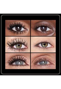Six close-up photographs of eyes featuring various eyelash styles, colors, and textures against a black background.