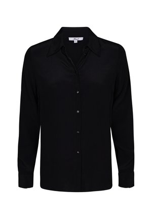 Zwart overhemd met lange mouwen, gemaakt van een soepele stof, met een klassieke kraag, een knoopsluiting aan de voorkant en knoopmanchetten. Geen patronen of accenten.