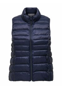 Gilet imbottito blu marina con colletto alto, zip frontale e design a righe orizzontali. Presenta una texture liscia e tasche laterali.