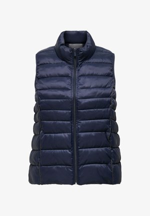 Gilet imbottito blu marina con colletto alto, zip frontale e design a righe orizzontali. Presenta una texture liscia e tasche laterali.