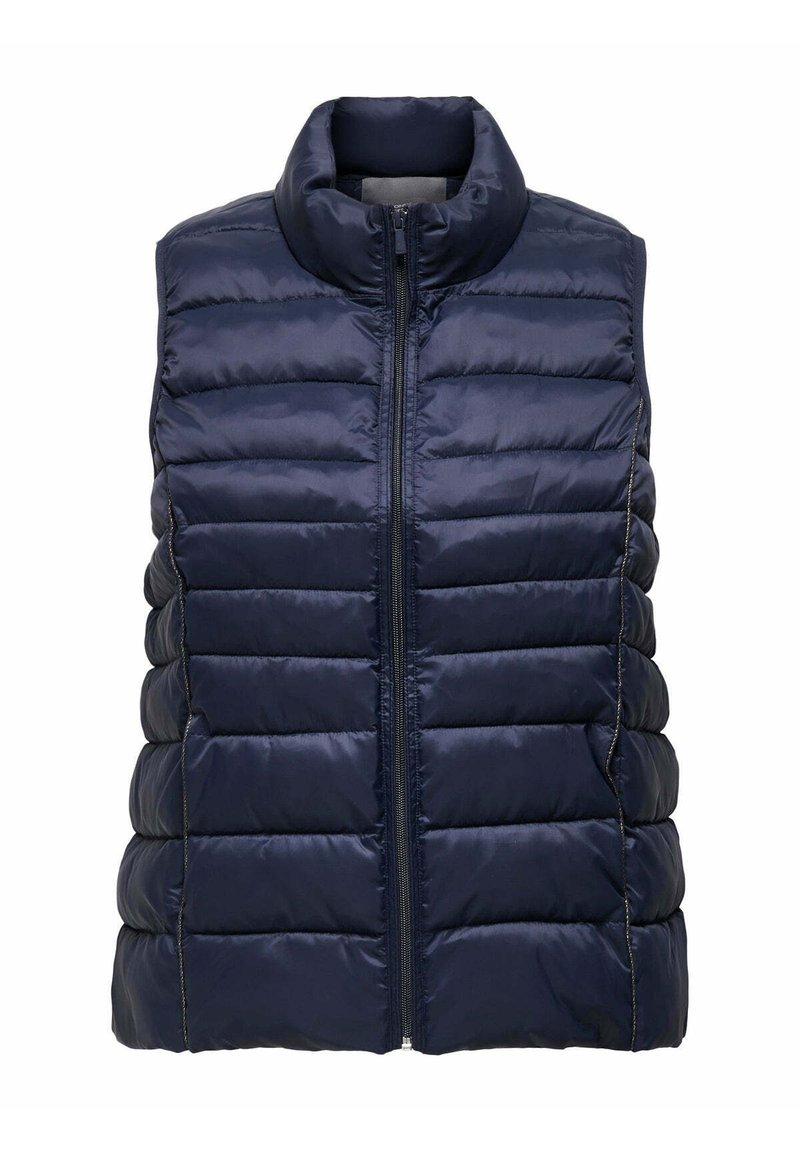 Gilet imbottito blu marina con colletto alto, zip frontale e design a righe orizzontali. Presenta una texture liscia e tasche laterali.