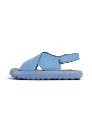 Blue rubber sandals with cross-strap design, adjustable back strap, textured cork footbed, and white rubber sole with grip pattern.