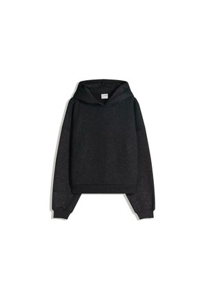 Czarna krótka bluza z kapturem z subtelnymi iskierkami brokatu, długimi rękawami, ściągaczami przy mankietach i kapturze, przedstawiona na białym tle.