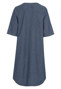 Jeansklänning, korta ärmar, rund halsringning, blå färg, lös passform, sidofickor, detaljer med söm bak, med knäppning i ärmsluten.