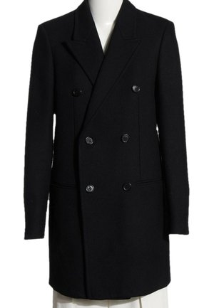 Manteau noir en laine à double boutonnage avec six boutons, revers crantés, manches longues et deux poches latérales, présenté sur un buste de mannequin blanc.