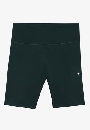 Mörkgröna shorts med en slät textur, knälång passform och ett midjeband. Har en liten vit logotyp nära nederkantens högra sida.