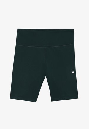 Mørkegrønne shorts med en glat tekstur, knælange og med en talje. Har et lille hvidt logo nær bunden til højre.