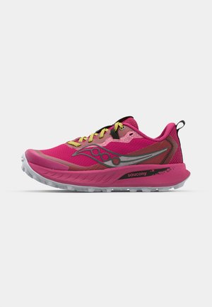 Pink trail running shoe featuring a textured mesh upper, reflective accents, and a durable rubber outsole with a grip pattern.