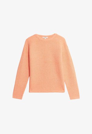 Ferskenfarvet, langærmet strikket sweater med ribbet tekstur og rund halsudskæring, vist på en hvid baggrund.