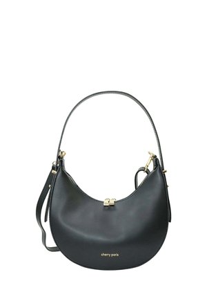 Sac à main en cuir noir demi-lune avec fermeture éclair et accessoires dorés, une poignée supérieure unique, une bandoulière amovible, et le logo "cherry paris".