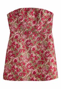 Trägerloses Blumenkleid mit einem roten und rosa Blumenmuster auf einem strukturierten grünen Hintergrund. Enganliegendes Oberteil mit geradem Ausschnitt.