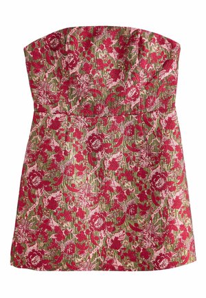 Strapless floral dress featuring a red and pink floral pattern on a textured green background. Fitted bodice with a straight neckline.