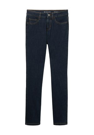Tmavomodré denimové džínsy so slim fit. Majú päť vreciek, kontrastné oranžové švy a kovové zapínanie na páse.