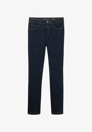Dark blue denim jeans with a slim fit. Features five pockets, contrasting orange stitching, and a metal button closure at the waistband.