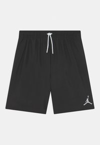 Pantalones cortos deportivos negros fabricados en tejido ligero, con una cintura elástica y un cordón blanco, y un logo Jumpman gris.