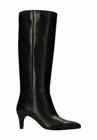 Botte noire en cuir allant jusqu'au genou avec un bout pointu et un talon fin, légèrement courbé. Texture lisse, sans motifs ou accents visibles.
