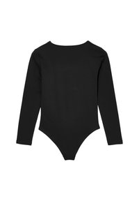 Body nero a maniche lunghe con scollo rotondo alto e silhouette aderente, mostrato di spalle su uno sfondo bianco.