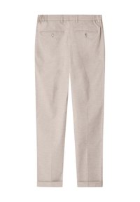 Beige trousers made of textured fabric, featuring defined creases, two back pockets with buttons, and cuffed hems.