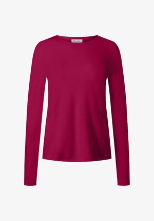 Langärmliges Damenoberteil mit Rundhalsausschnitt, einfarbig in dunkelpink, mit geradem Saum und glattem Stoffgefühl.