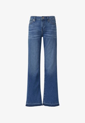 Weite Jeans in mittlerem blauen Denim, mit einem klassischen Fünf-Taschen-Design, leichter Ausbleichung und rohem Saum am unteren Ende.