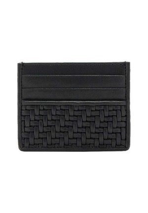 Porte-cartes noir avec quatre fentes horizontales et un panneau texturé tissé en bas, forme rectangulaire avec bords cousus.