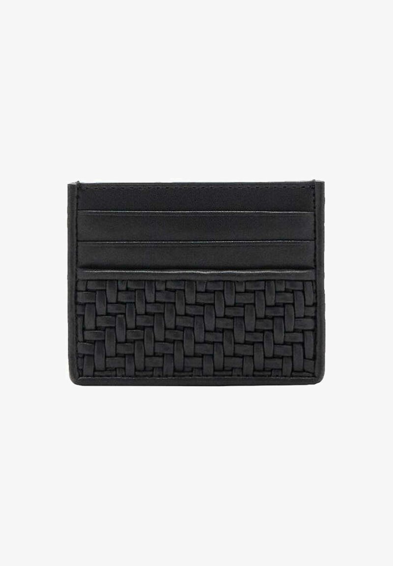 Porte-cartes noir avec quatre fentes horizontales et un panneau texturé tissé en bas, forme rectangulaire avec bords cousus.